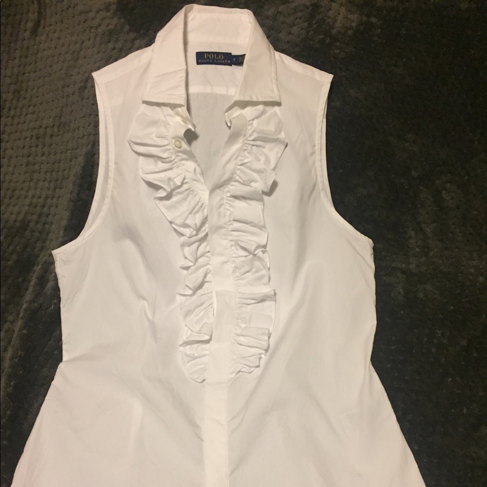 NWOT Ralph Lauren White Sleeveless Ruffle Shirt 2